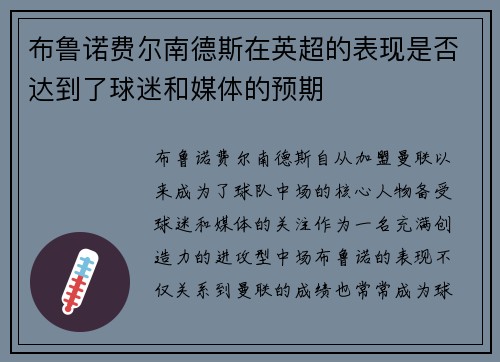 布鲁诺费尔南德斯在英超的表现是否达到了球迷和媒体的预期 布鲁诺费尔南德斯在英超的表现是否达到了球迷和媒体的预期